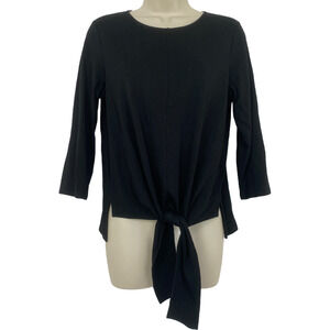 J Jill Top Petite Small Solid Black Tie Front Scoop Neck Stretch Knit Neutral